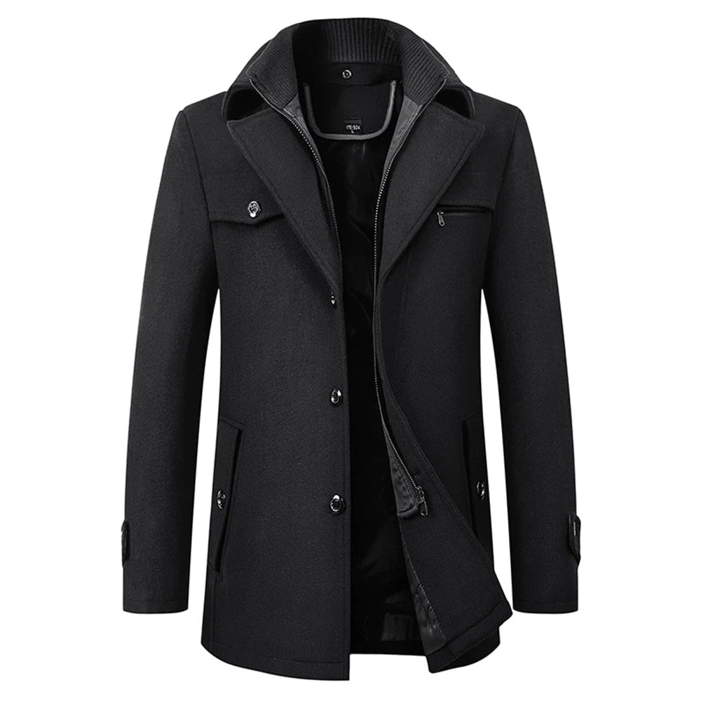Svart vinterjakke for menn med knapper og glidelås, elegant design, varm og stilfull, perfekt for kalde vinterdager.
